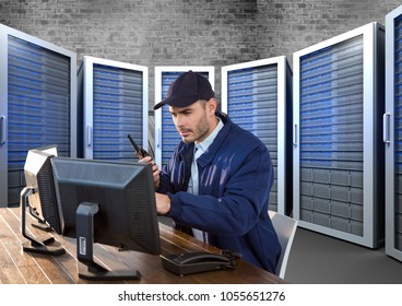 Digital composite of security guard in servitor room with computers - Powered by Shutterstock - Get 15% off with code: PIKWIZARD15