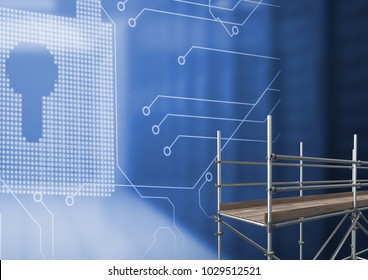 Digital composite of Security Lock interface with 3D Scaffolding