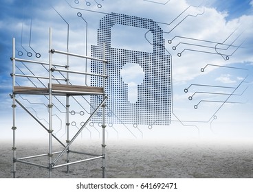 Digital composite of Security Lock interface with 3D Scaffolding