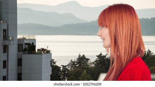Digital composite of Side view of redhead woman with building and lake in background