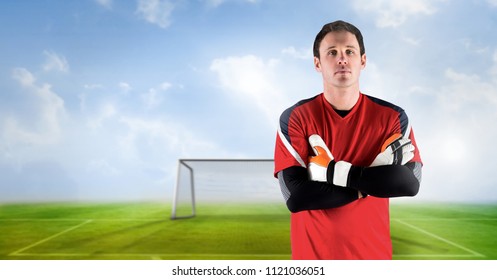 Digital Composite Of Soccer Goalkeeper Folding Arms In Goal