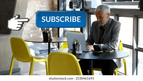 Digital composite of subscribe button with hand icon pointing towards it. Behind the button is businessman working on his laptop while drinking coffee at coffee shop. He is checking his social media. - Powered by Shutterstock