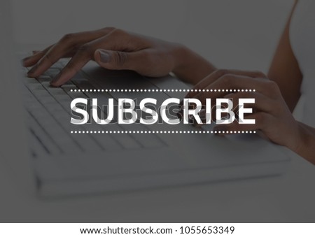 Digital composite of Subscribe text against hands on laptop with dark overlay