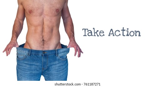Digital composite of Take action text and fit man with oversized jeans