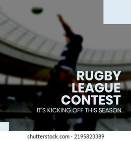 Digital composite of text with biracial players playing match at stadium during rugby league contest. Sports, completion, sports team, teamwork, sportsperson, sports ball, holiday and season. - Powered by Shutterstock