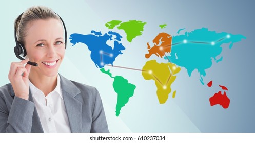 Digital Composite Of Travel Agent With Headset Against Map With Lights And Blue Background