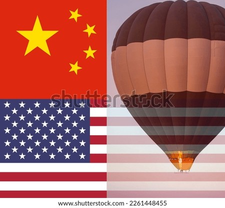 Digital composite of USA and Chinese flag with balloon as a metaphor for espionage claims by both countries in 2023