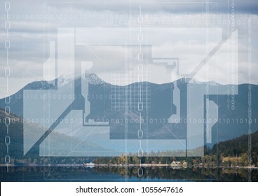 Digital composite of White interface against mountain and water