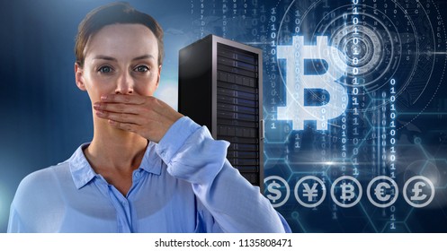 Digital composite of Woman with computer servers and bitcoin technology information interface
