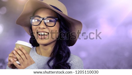 Digital composite of Woman drinking disposable cup with purple background