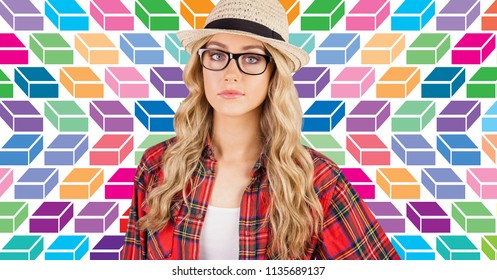 Digital composite of Woman in hat with colorful geometric pattern - Shutterstock ID 1135689137