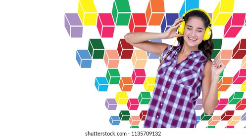 Digital composite of Woman wearing headphones with colorful geometric pattern - Shutterstock ID 1135709132