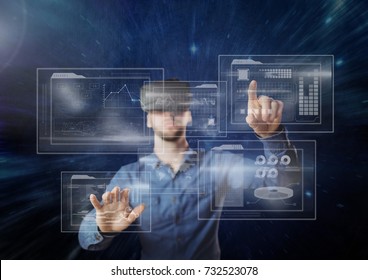 Digital composite of young man using vr headset interface