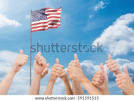 Digital composition of American flag flapping in sky and hands showing thumbs up sign