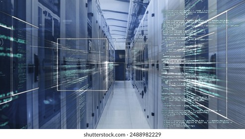 Digital composition of binary coding data processing against warehouse in background. Global technology and data processing concept digitally generated image.