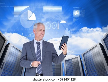Digital composition of businessman using digital tablet against server systems in sky