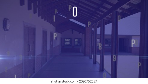 Digital composition of changing numbers and alphabets against empty school corridor. school and education concept