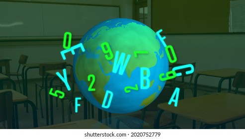 Digital composition of changing numbers and alphabets over spinning globe against empty classroom. school and education concept. - Powered by Shutterstock - Get 15% off with code: PIKWIZARD15