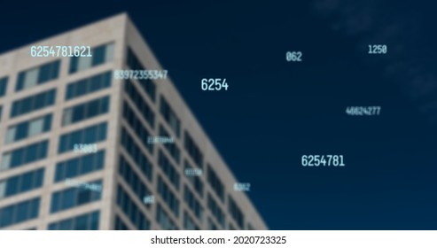 Digital composition of changing numbers over tall building against blue background. school and education concept