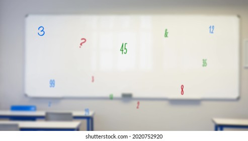 Digital composition of changing numbers and symbols floating against empty classroom. school and education concept.