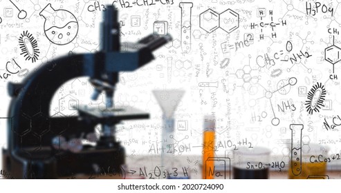 Digital composition of chemicals equations and structures floating against microscope and test tubes. school and education concept