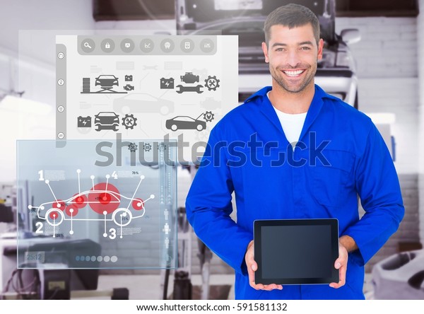 Digital\
composition of a confident automobile mechanic holding digital\
tablet and mechanic interface in\
background