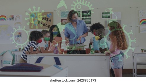 Digital composition of covid-19 concept icons floating against female teacher and students in biology class learning about plants. covid-19 coronavirus pandemic concept - Powered by Shutterstock