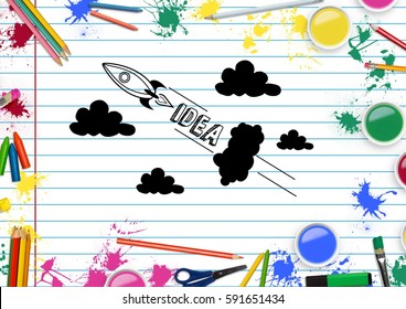 Digital composition of drawn cloud shapes and rocket on paper with water colors and color pencils