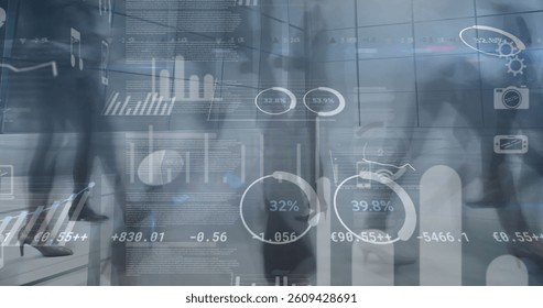 Digital composition of financial data processing against business people walking in background. global finances and business concept