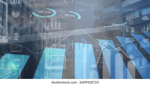 Digital composition of financial data processing against business people walking in background. global finances and business concept