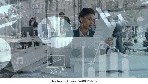 Digital composition of financial data processing against business people working in office. global finances and business concept