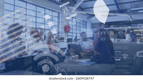 Digital composition of financial data processing against business people working in office. global finances and business concept