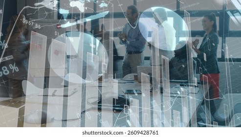 Digital composition of financial data processing against business people working in office. global finances and business concept