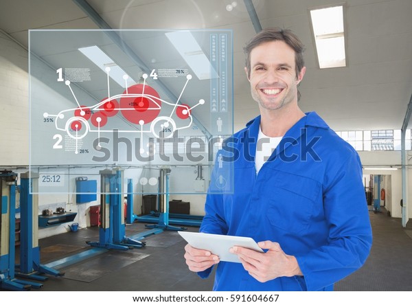Digital composition of\
happy automobile mechanic holding digital tablet in workshop and\
mechanic interface