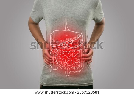 Digital composition of internal digestive system with highlighted red inflammation on sick person, man with stomach pain, health and medical concept