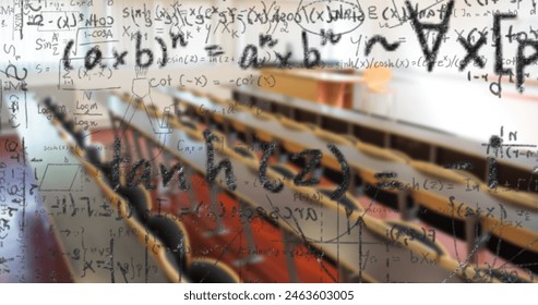 Digital composition of mathematical equations and formulas floating against empty classroom. school and education concept