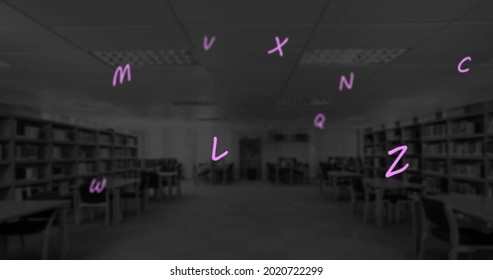 Digital composition of multiple alphabets and numbers floating against empty classroom in background. school and education concept - Powered by Shutterstock - Get 15% off with code: PIKWIZARD15