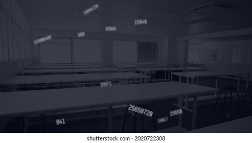 Digital composition of multiple changing numbers floating against empty classroom in background. school and education concept