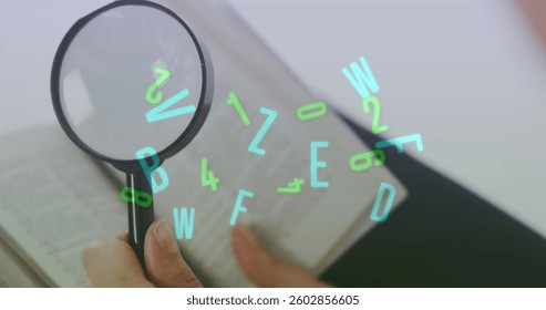 Digital composition of multiple changing numbers and alphabets against magnifying glass on open book. school and education concept
