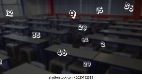 Digital composition of multiple mathematical numbers moving against empty classroom in bakground. school and education concept