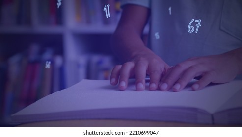 Digital Composition Of Numbers And Symbols Floating Against Mid Section Of Boy Reading A Book In Braille. School And Education Concept