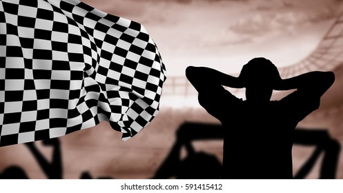 Digital composition of silhouette of disappointed fan against checkered flag in background - Powered by Shutterstock