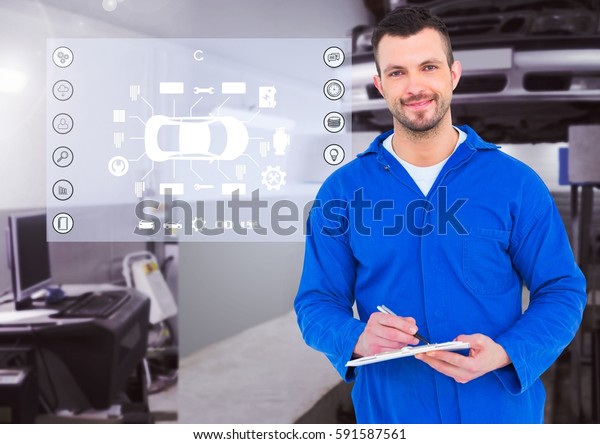 Digital composition of a smiling\
automobile mechanic holding clipboard and mechanic\
interface