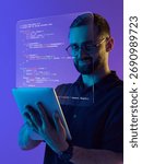 Digital composition. Smiling programmer with tablet and holographic code in creative tech workspace. Concept of IT education, coding culture, and joyful innovation in modern technology companies.