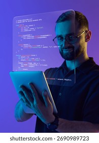 Digital composition. Smiling programmer with tablet and holographic code in creative tech workspace. Concept of IT education, coding culture, and joyful innovation in modern technology companies.