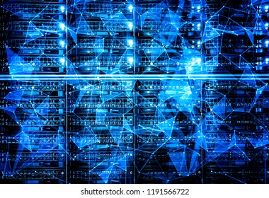 Digital computer data and network connection triangle lines and spheres in futuristic technology concept Row of harddisk slot on the computer server.