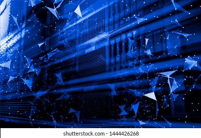 Digital computer data and network connection triangle lines and spheres in futuristic technology concept Row of harddisk slot on computer server.