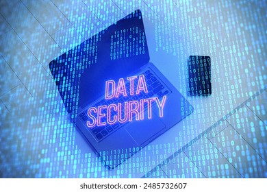 A digital concept of data security with neon text over a blue binary code background