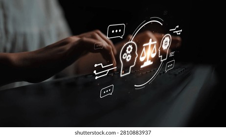 Digital Concept of Ethical Decision-Making with Technology and Law, Abstract Interaction of Human and AI for Justice and Fairness in Society Gluon.