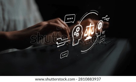 Digital Concept of Ethical Decision-Making with Technology and Law, Abstract Interaction of Human and AI for Justice and Fairness in Society Gluon.